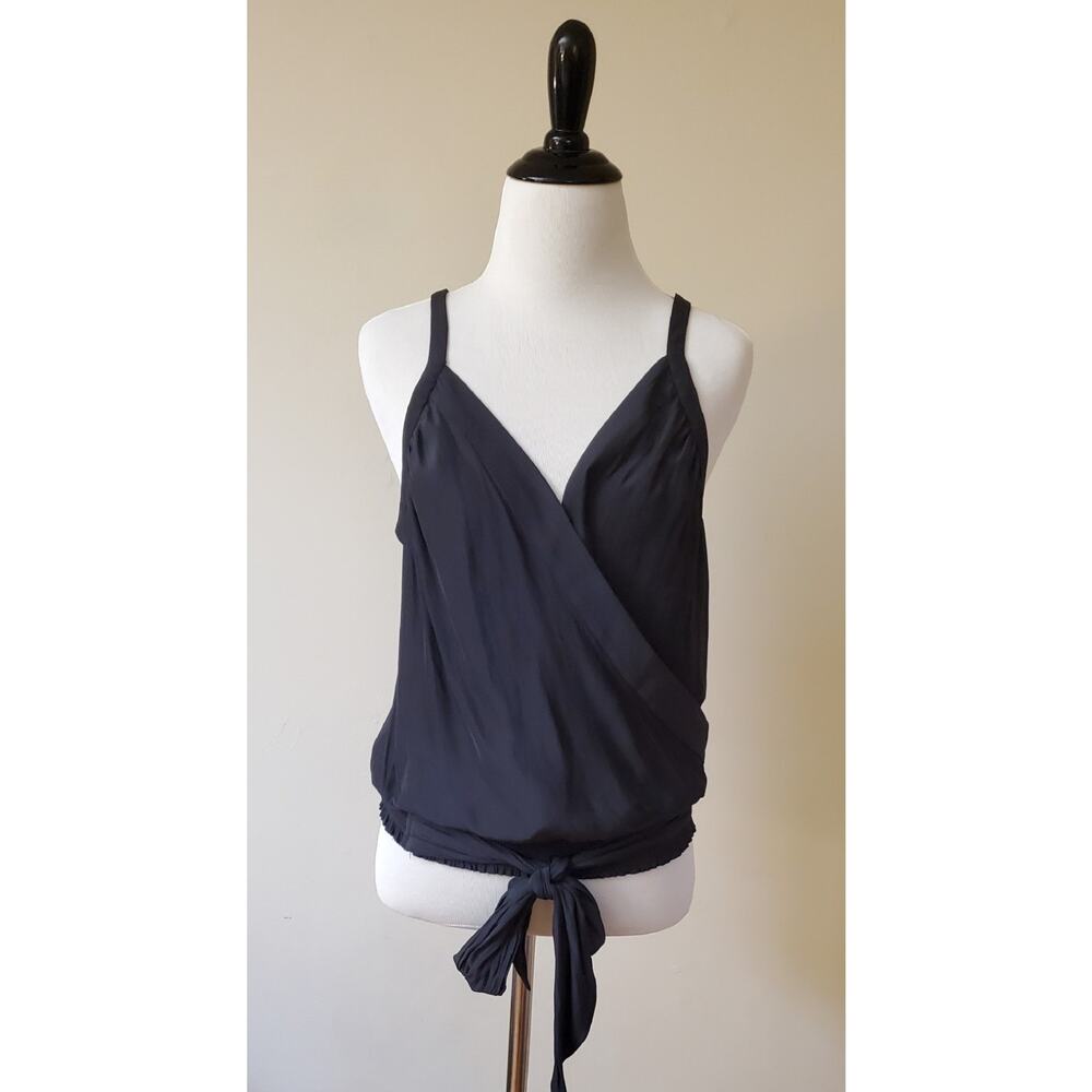 NWT Ramy Brook Black‎ Satin Waist Tie Grecian Wrap Women's Top Size M